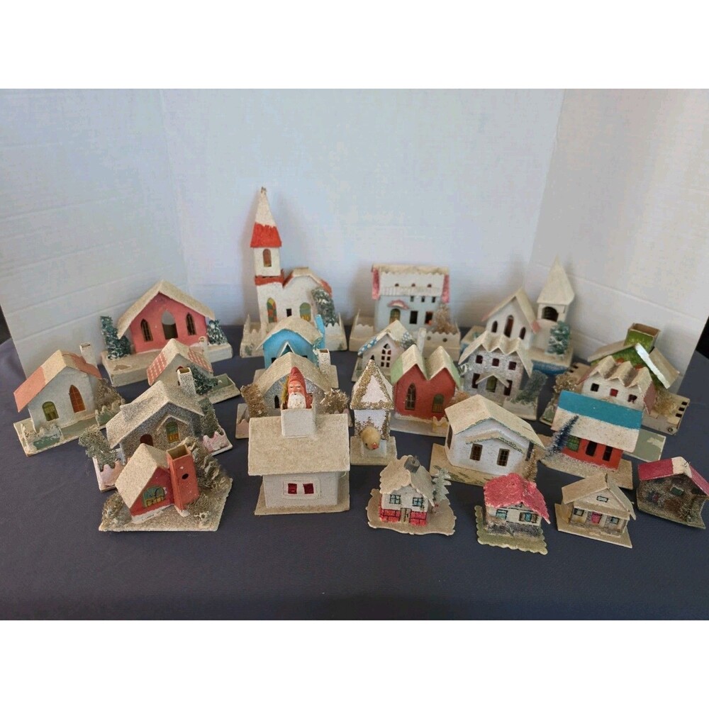 Lot of 23 Vintage Japan Czech Germany Paper House Christmas Putz Glitter Village